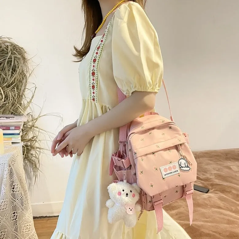 Kawaii Floral Petite Backpack and Cuddly Plush Pendant