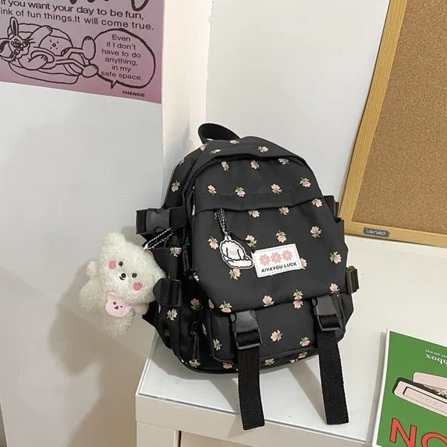 Kawaii Floral Petite Backpack and Cuddly Plush Pendant