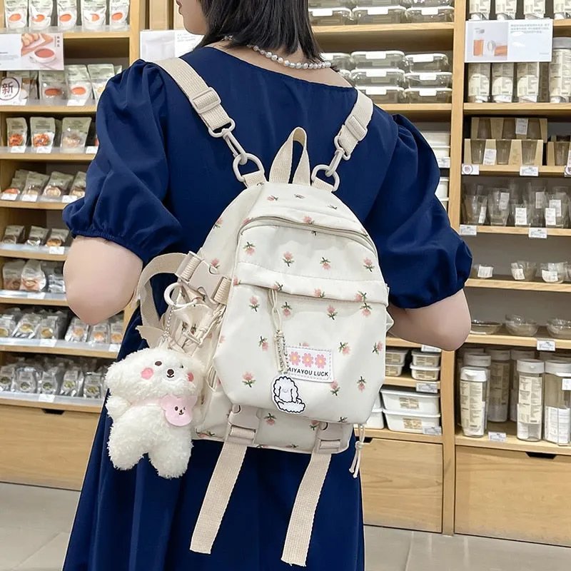 Kawaii Floral Petite Backpack and Cuddly Plush Pendant