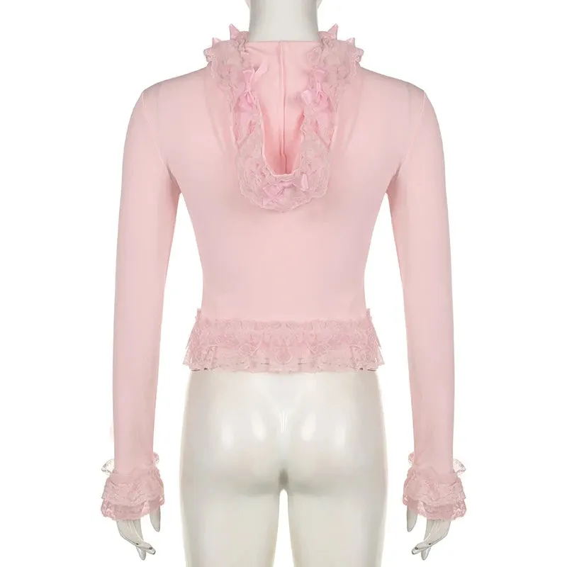 Korean Sweet Pink Hooded T shirt Female Slim Zip Up Tee Shirts Coquette Clothes Bow Lace Spliced Lolita Autumn Tops