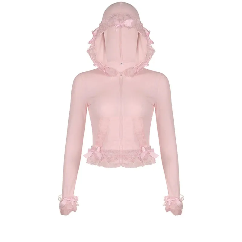 Korean Sweet Pink Hooded T shirt Female Slim Zip Up Tee Shirts Coquette Clothes Bow Lace Spliced Lolita Autumn Tops