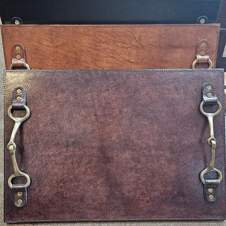 LEATHER SERVING TRAY WITH HORSE BIT HANDLES