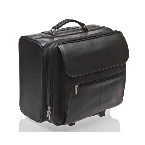 LEATHER TROLLEY CASE / WHEELED BUSINESS BAG IN BLACK