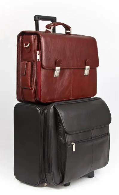 LEATHER TROLLEY CASE / WHEELED BUSINESS BAG IN BLACK