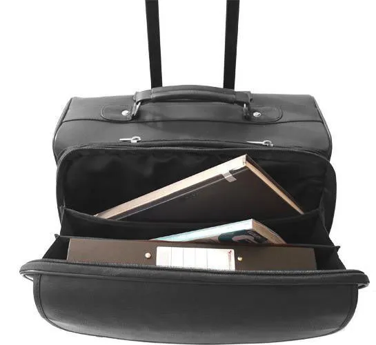 LEATHER TROLLEY CASE / WHEELED BUSINESS BAG IN BLACK