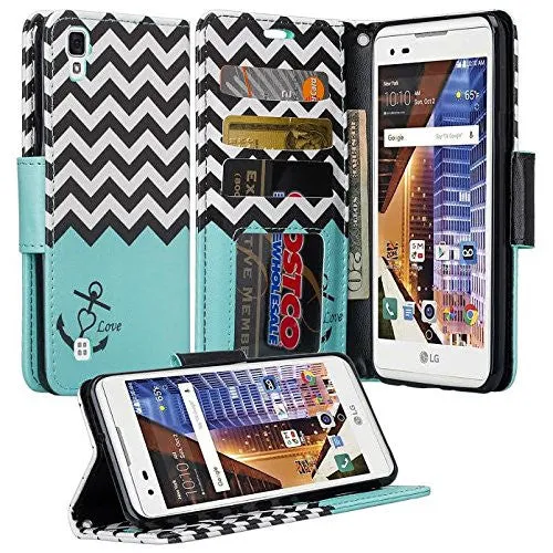 LG Tribute HD | X Style | Volt 3 Case, Wrist Strap Pu Leather Magnetic Flip Fold[Kickstand] Wallet Case with ID & Card Slots - Teal Anchor