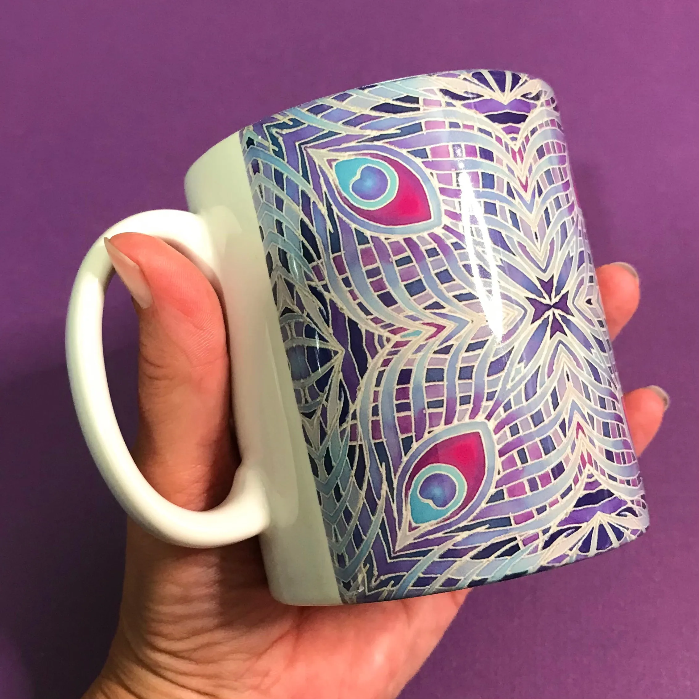 Lilac Grey Peacock Feather Kaleidoscope Mug and Coaster Gift