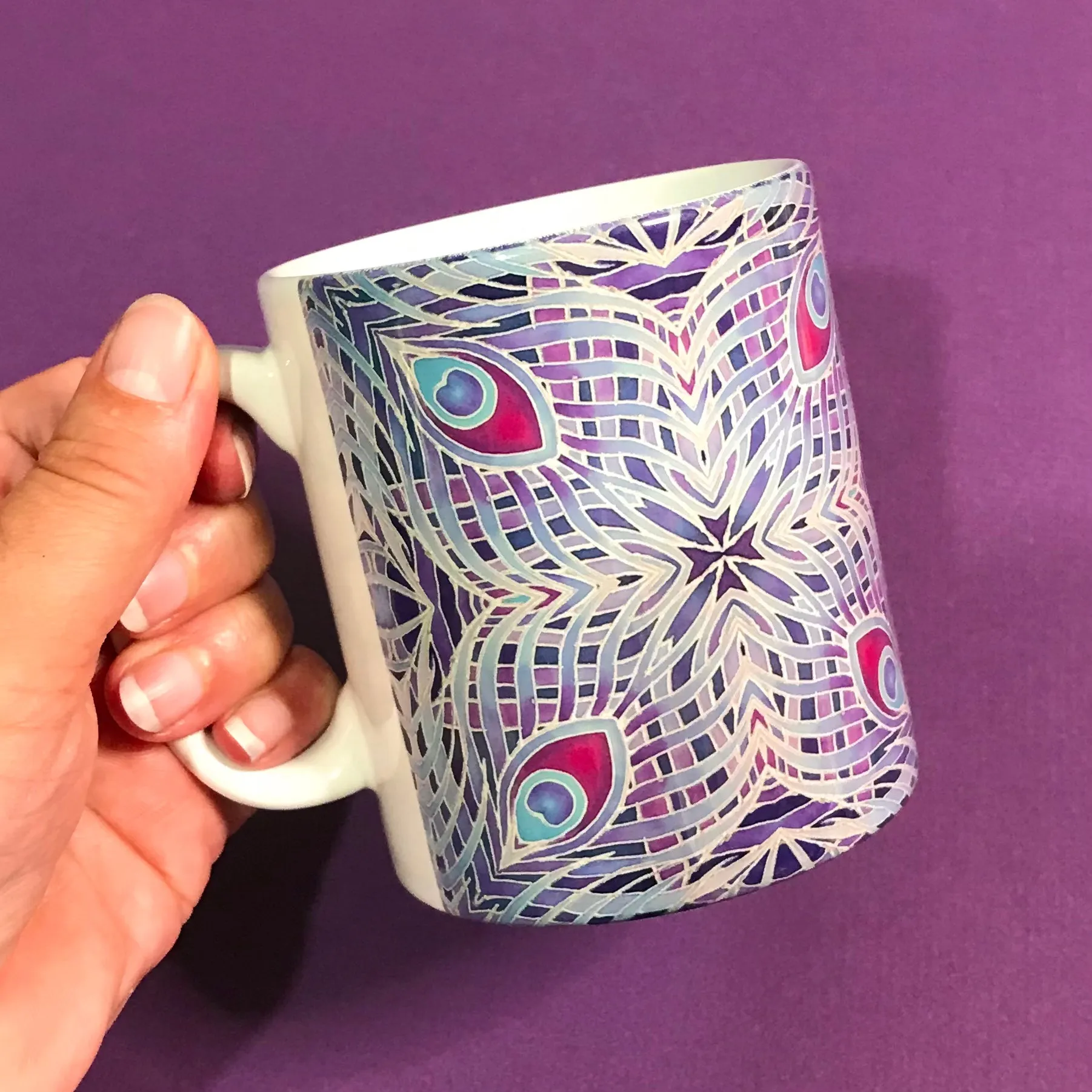 Lilac Grey Peacock Feather Kaleidoscope Mug and Coaster Gift