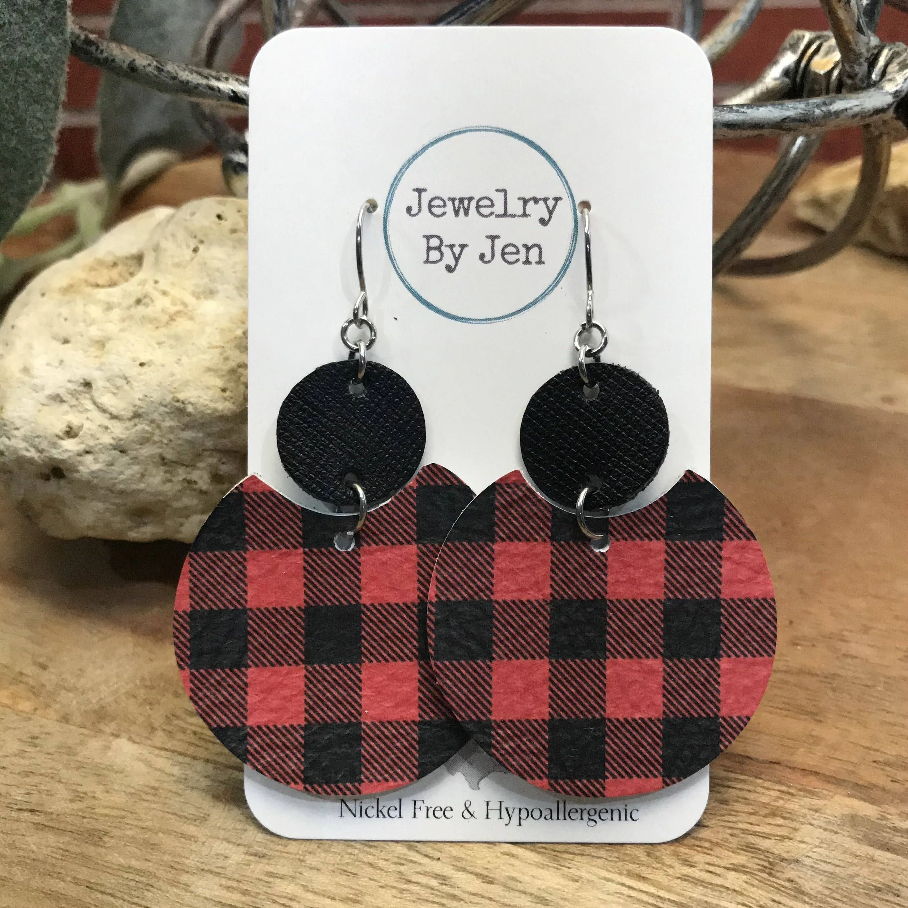 Luna Circle Earrings - Red Buffalo Plaid