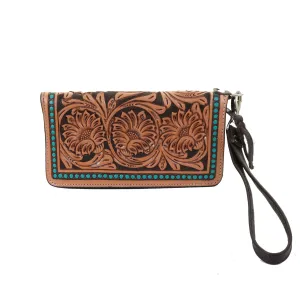 LZW53- Sunflower Tooled Natural Turquoise Tooled Zipper Wallet