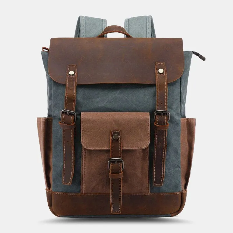 Men Oil Wax Canvas Multi-pocket Backpack Large Capacity Breathable Wear-resistant 14 Inch Laptop Bag