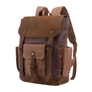 Men Oil Wax Canvas Multi-pocket Backpack Large Capacity Breathable Wear-resistant 14 Inch Laptop Bag