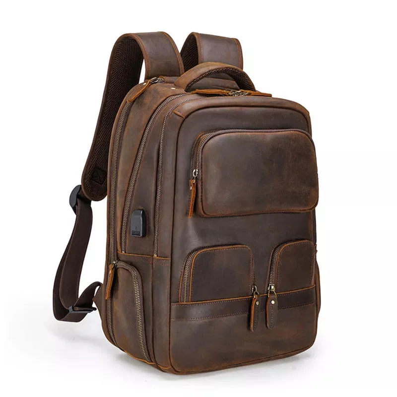 Men's Crazy Horse Leather Travel Backpack - Large Size