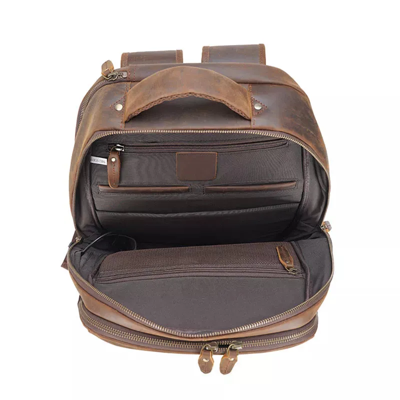 Men's Crazy Horse Leather Travel Backpack - Large Size