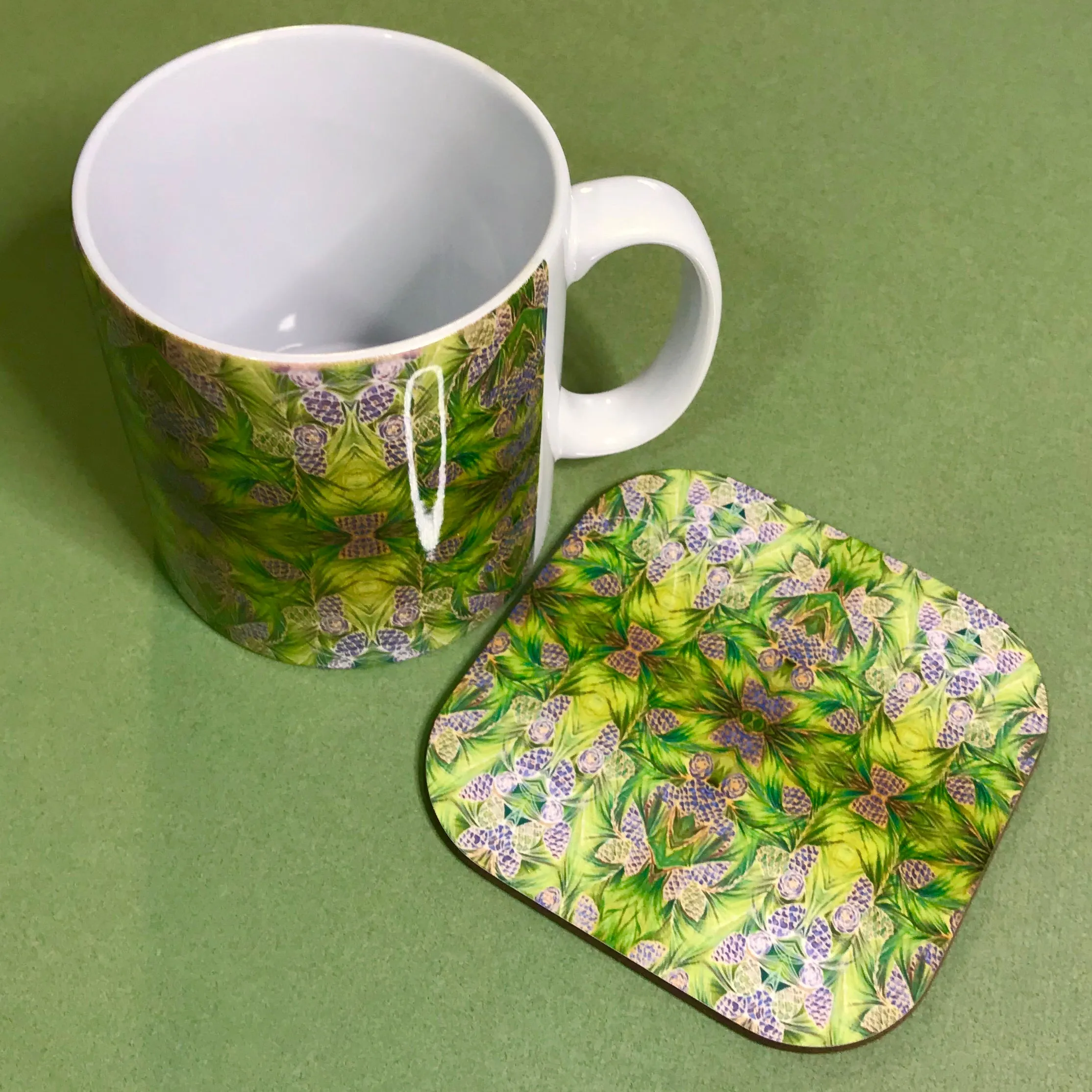 Moss Green Pine Cone Mug and Coasters - Green Mug Set - Kaleidoscope Pine Cones Mug Gift