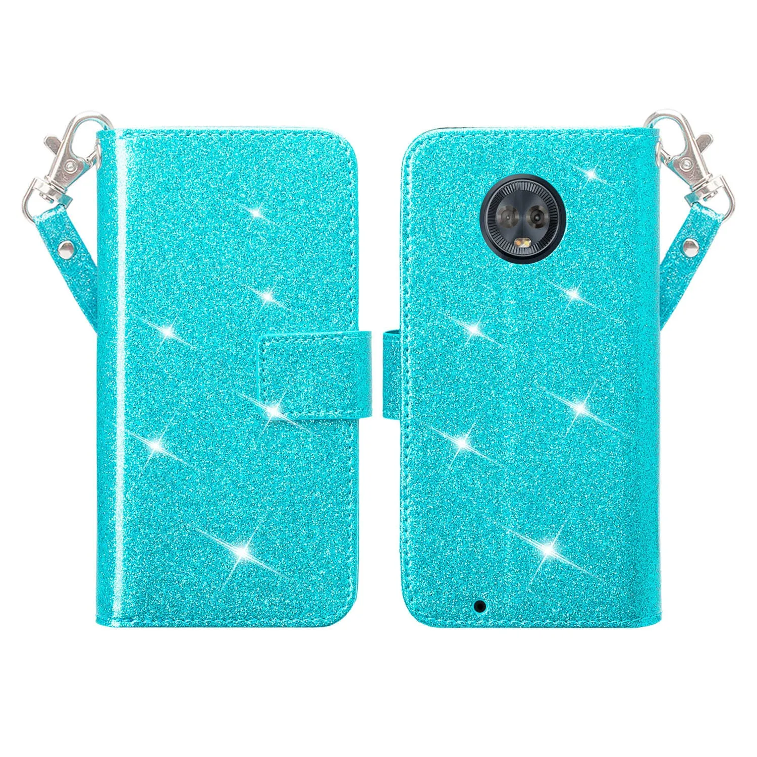 Motorola Moto G6 , Moto G6 2018 Case, [Wrist Strap] Glitter Faux Leather Flip [Kickstand Feature] Protective Wallet Case Cover Clutch - Teal