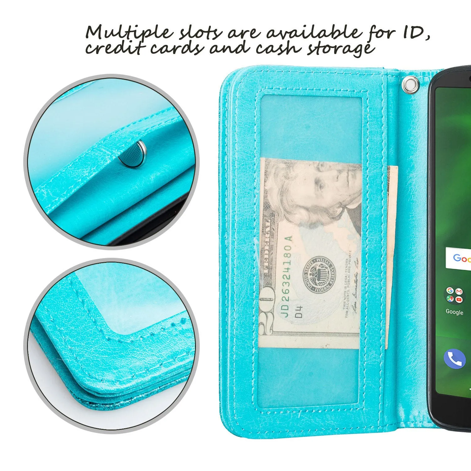 Motorola Moto G6 , Moto G6 2018 Case, [Wrist Strap] Glitter Faux Leather Flip [Kickstand Feature] Protective Wallet Case Cover Clutch - Teal