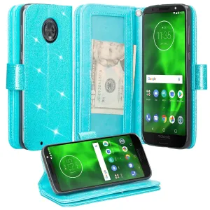 Motorola Moto G6 , Moto G6 2018 Case, [Wrist Strap] Glitter Faux Leather Flip [Kickstand Feature] Protective Wallet Case Cover Clutch - Teal