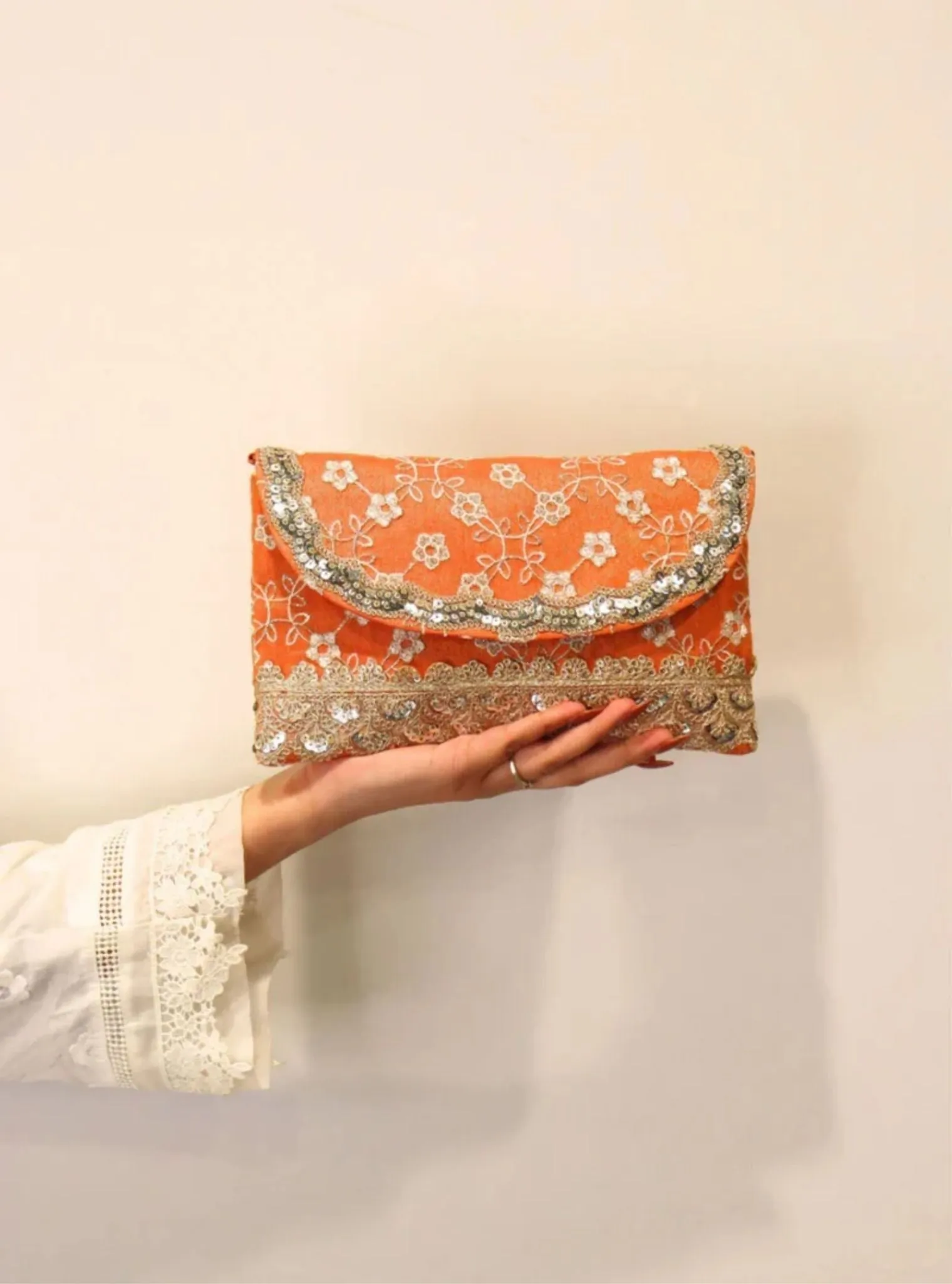 Mulmul Charkha Burnt Orange Envelope Pouch Bag