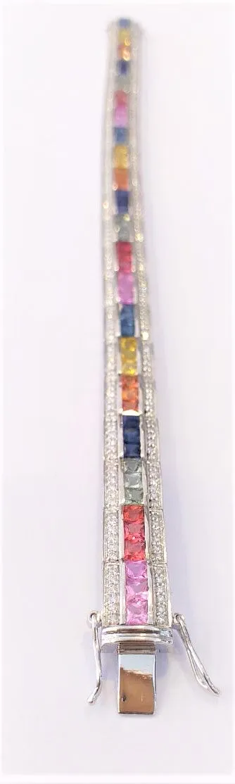 Multicolor Sapphire and Diamond Bracelet in 14k White Gold