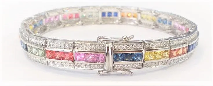 Multicolor Sapphire and Diamond Bracelet in 14k White Gold