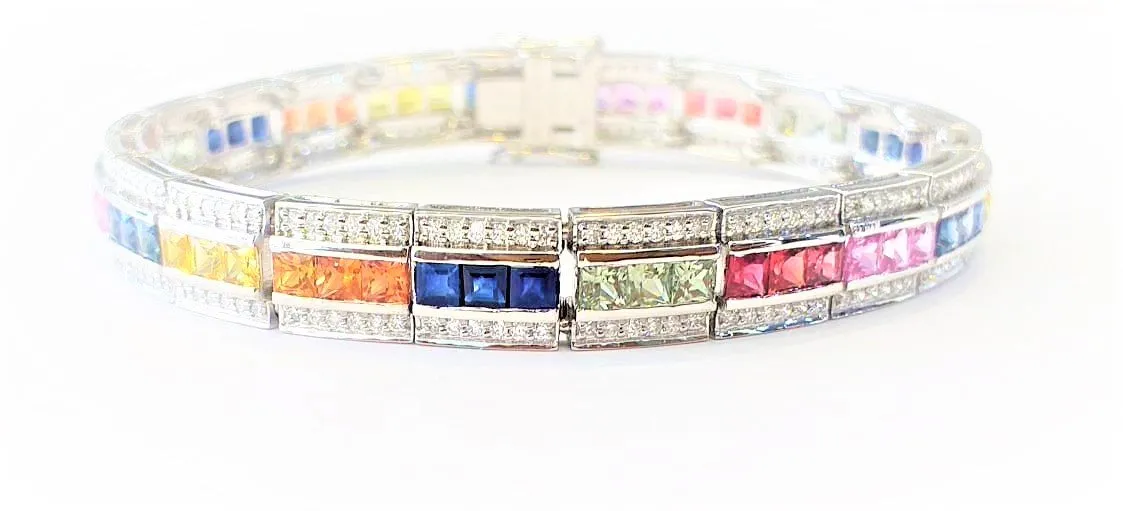 Multicolor Sapphire and Diamond Bracelet in 14k White Gold