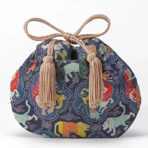 Nishijin-ori Small Drawstring Bag - Biting Lions, Birds, and Miscellaneous Animal / Navy Blue -,  Made in Kyoto, Japan,  Japanese traditional craft purse