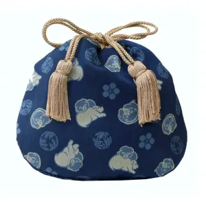 Nishijin-ori Small Drawstring Bag - Dog / Navy Blue -,  Made in Kyoto, Japan,  Japanese traditional craft purse