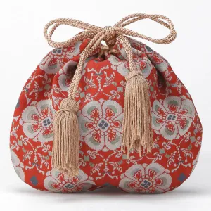 Nishijin-ori Small Drawstring Bag - Flower and Bird / Red -,  Made in Kyoto, Japan,  Japanese traditional craft purse