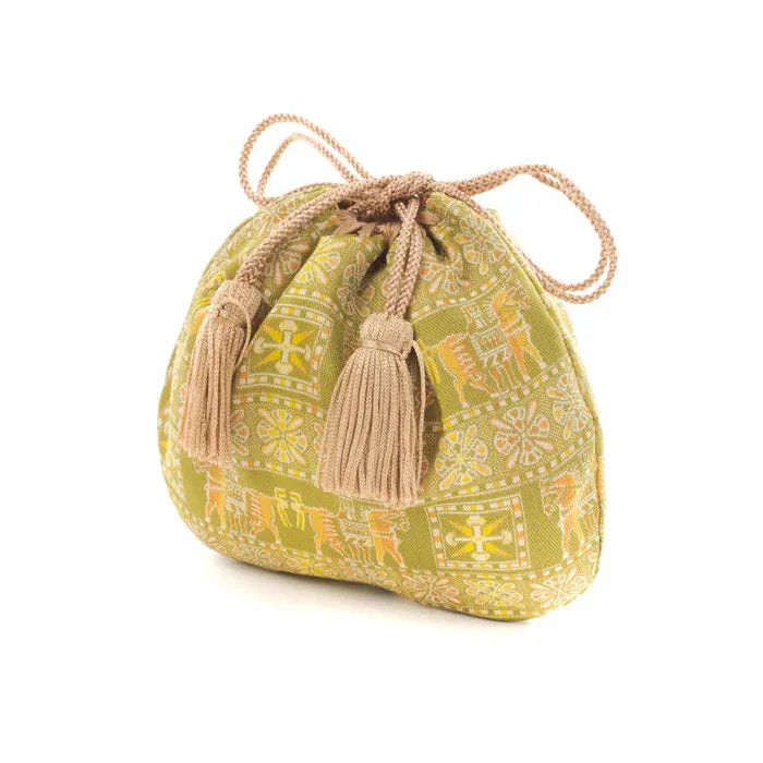 Nishijin-ori Small Drawstring Bag - Horse / Green -,  Made in Kyoto, Japan,  Japanese traditional craft purse