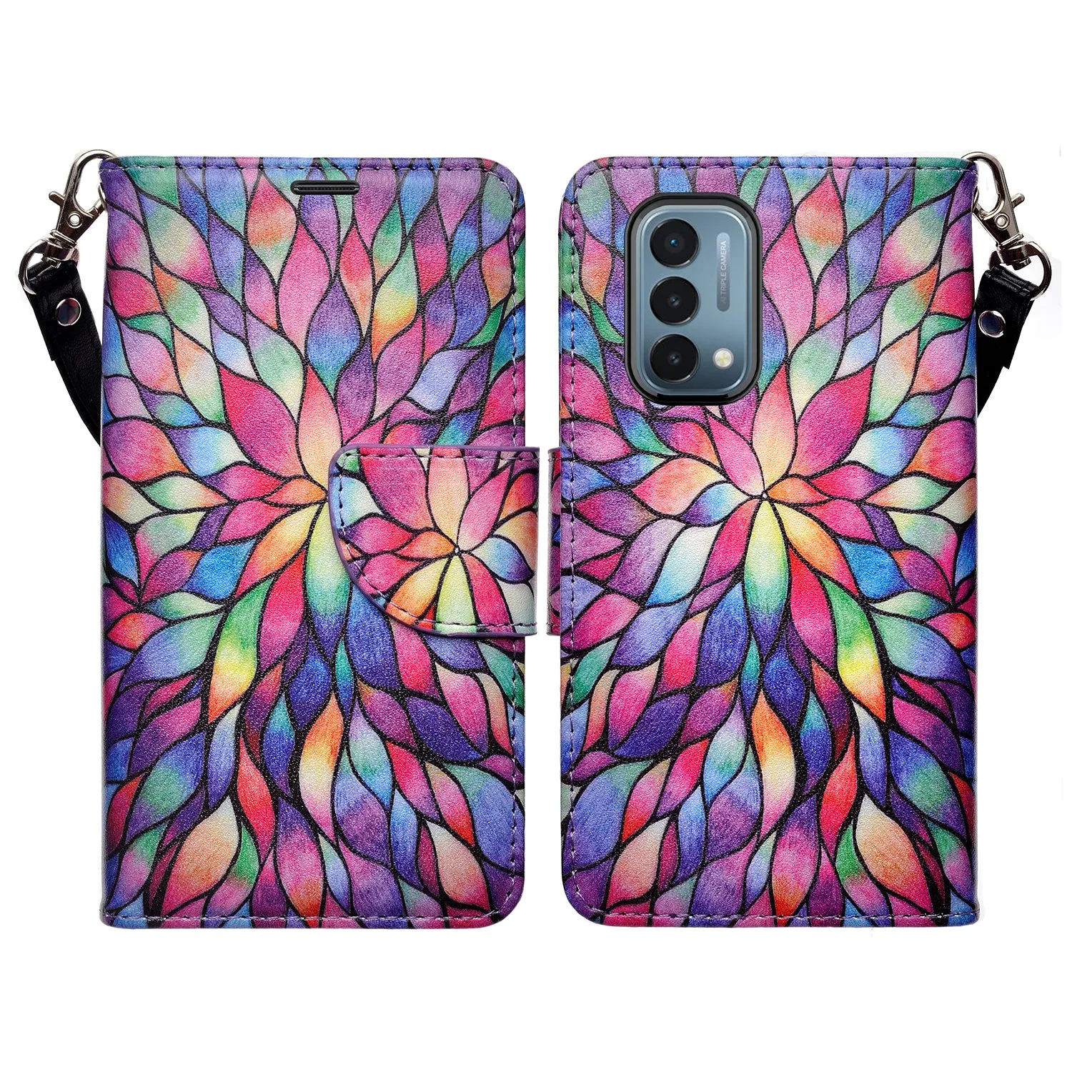 OnePlus Nord N200 5G Case, Nord N200 5G Wallet Case, Wrist Strap Pu Leather Wallet Case [Kickstand] with ID & Credit Card Slots - Rainbow Flower