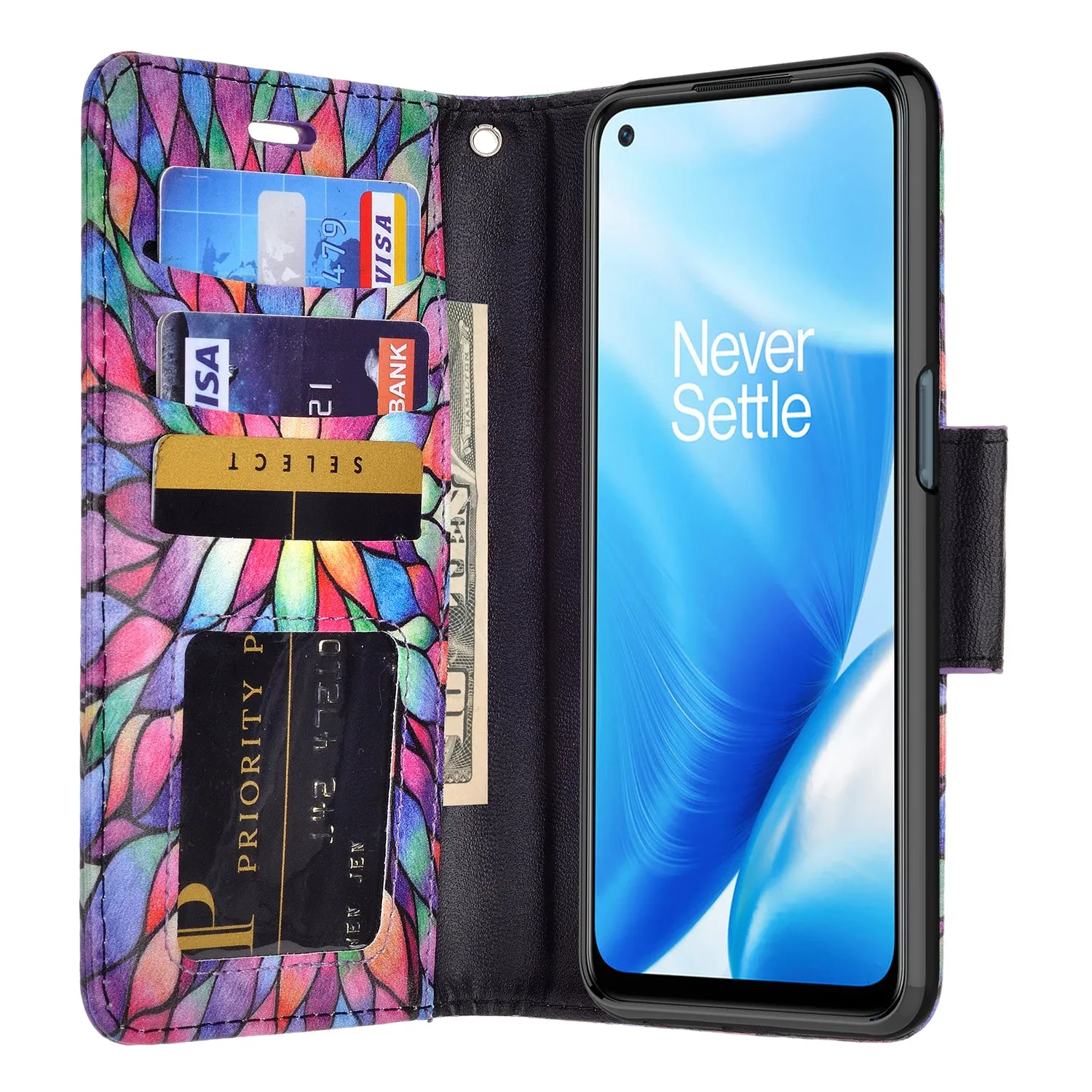 OnePlus Nord N200 5G Case, Nord N200 5G Wallet Case, Wrist Strap Pu Leather Wallet Case [Kickstand] with ID & Credit Card Slots - Rainbow Flower