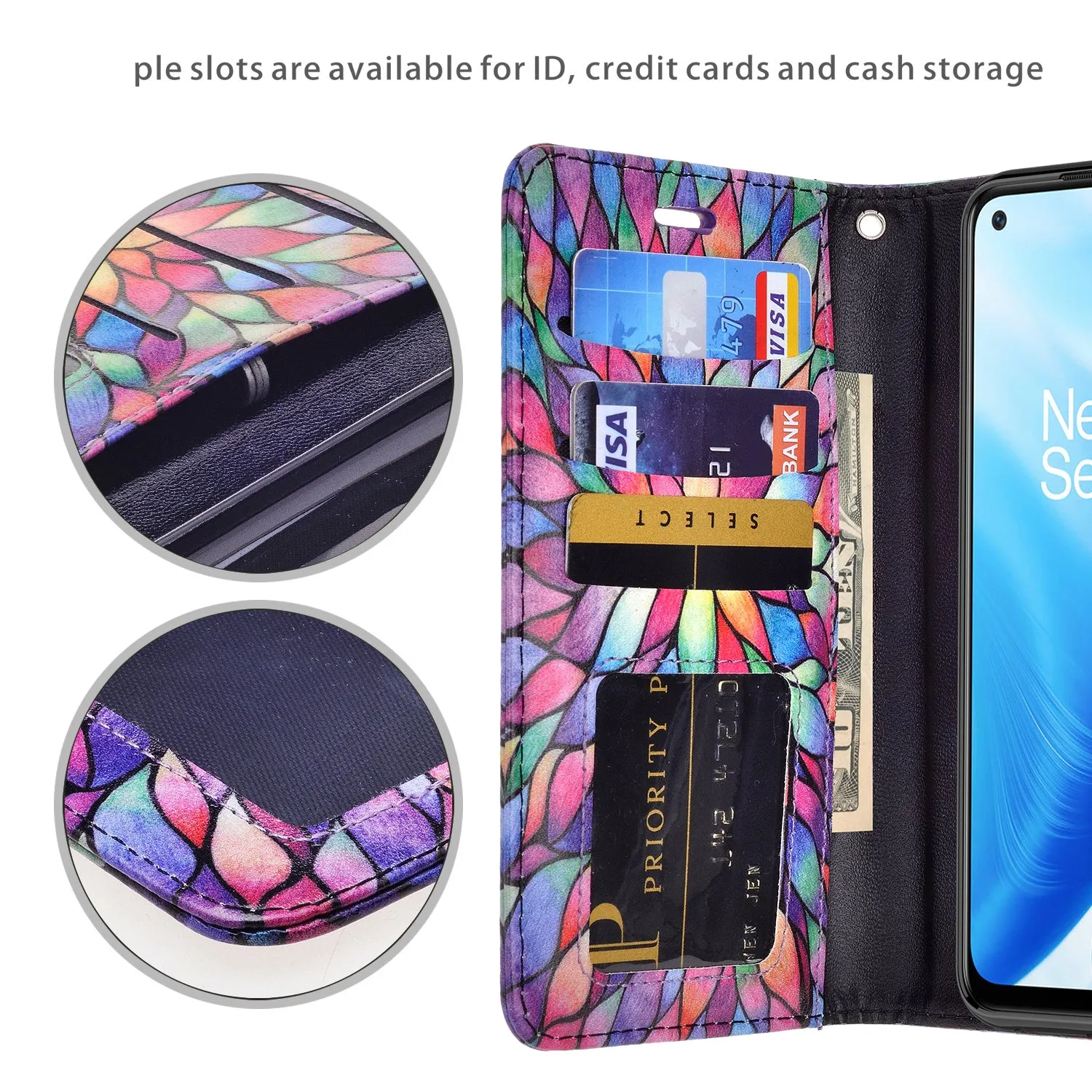 OnePlus Nord N200 5G Case, Nord N200 5G Wallet Case, Wrist Strap Pu Leather Wallet Case [Kickstand] with ID & Credit Card Slots - Rainbow Flower