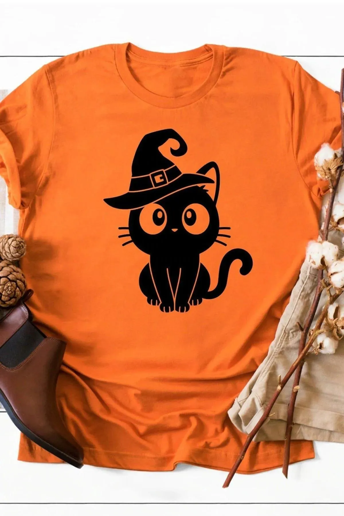 Orange Black Cat Graphic Print Short Sleeve T Shirt