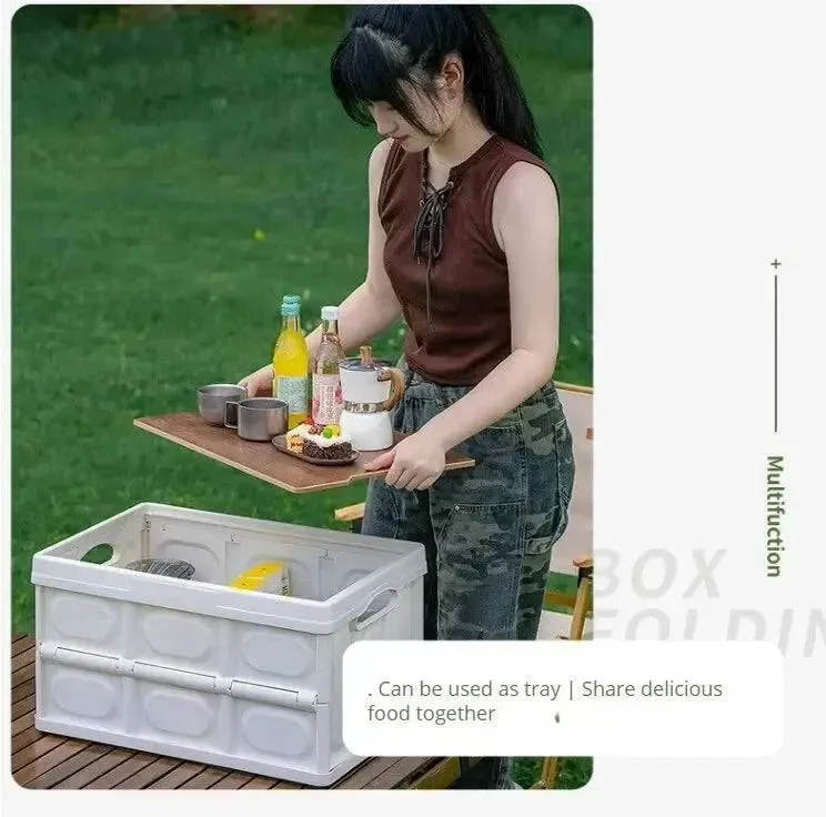 Outdoor Camping Folding Box With Wooden Lid Car Storage Box Food Organizer Container for Household Large Capacity Storage Box