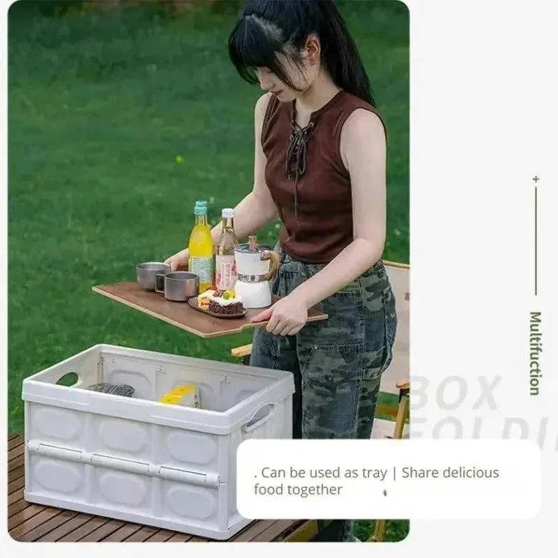 Outdoor Camping Folding Box With Wooden Lid Car Storage Box Food Organizer Container for Household Large Capacity Storage Box