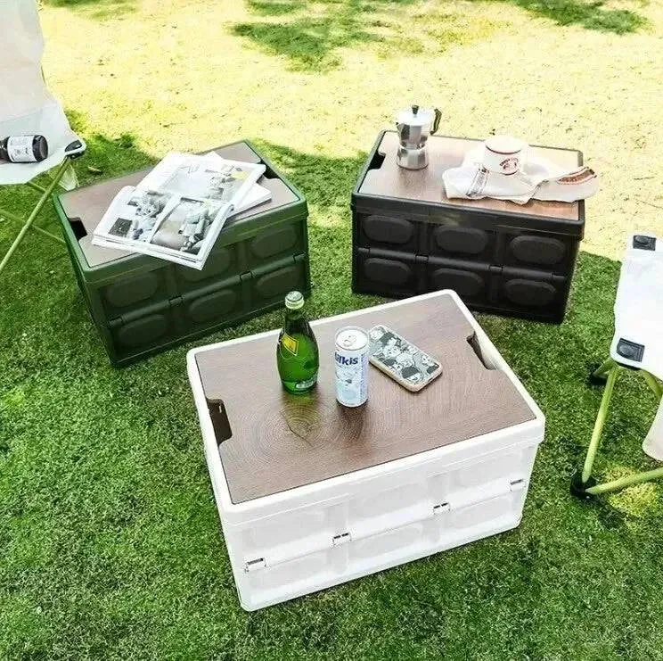 Outdoor Camping Folding Box With Wooden Lid Car Storage Box Food Organizer Container for Household Large Capacity Storage Box