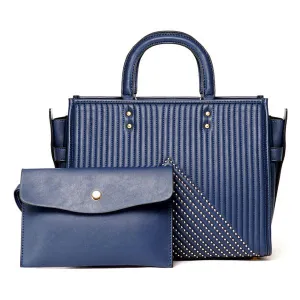 Pelletini 2-in-1 Triangle Stud Genuine Leather Handbag Blue