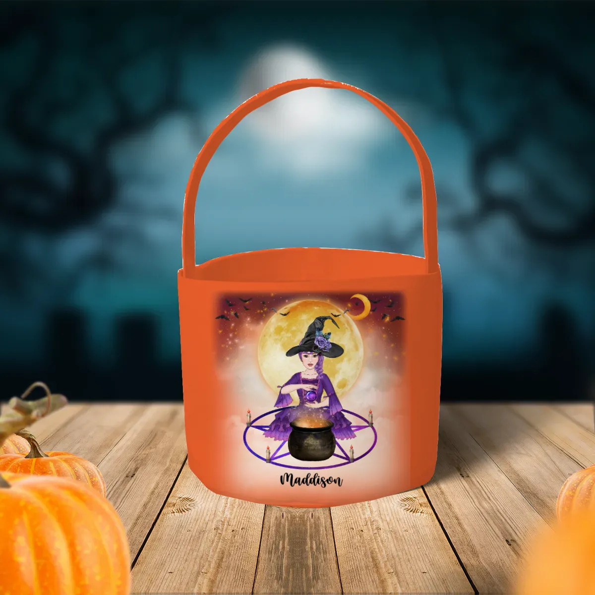 Personalised Halloween Witch Fabric Basket 7x9" & 9x10"