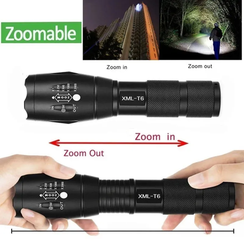 Portable T6 High Power LED Flashlight Powerful Torch Zoomable 5-Mode Without Battery Outdoor Camping Fishing Hiking Light Tools