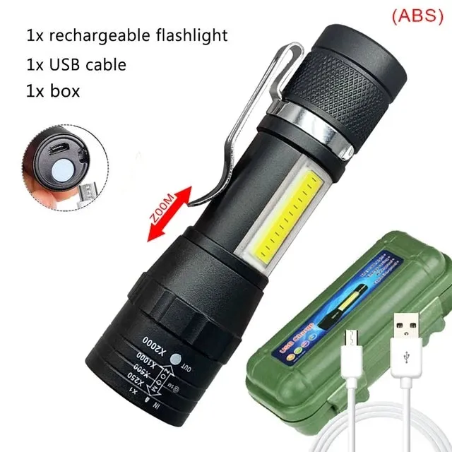 Portable Zoom LED Rechargeable Flashlight 3 Lighting Modes Camping Light Mini Torch Built In Battery Waterproof Long Range