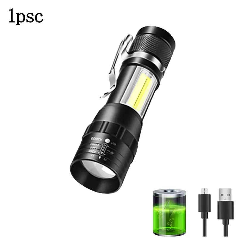 Portable Zoom LED Rechargeable Flashlight 3 Lighting Modes Camping Light Mini Torch Built In Battery Waterproof Long Range