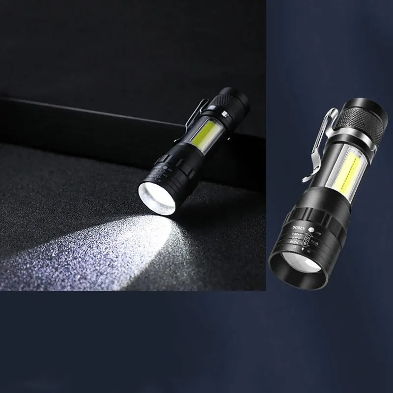 Portable Zoom LED Rechargeable Flashlight 3 Lighting Modes Camping Light Mini Torch Built In Battery Waterproof Long Range