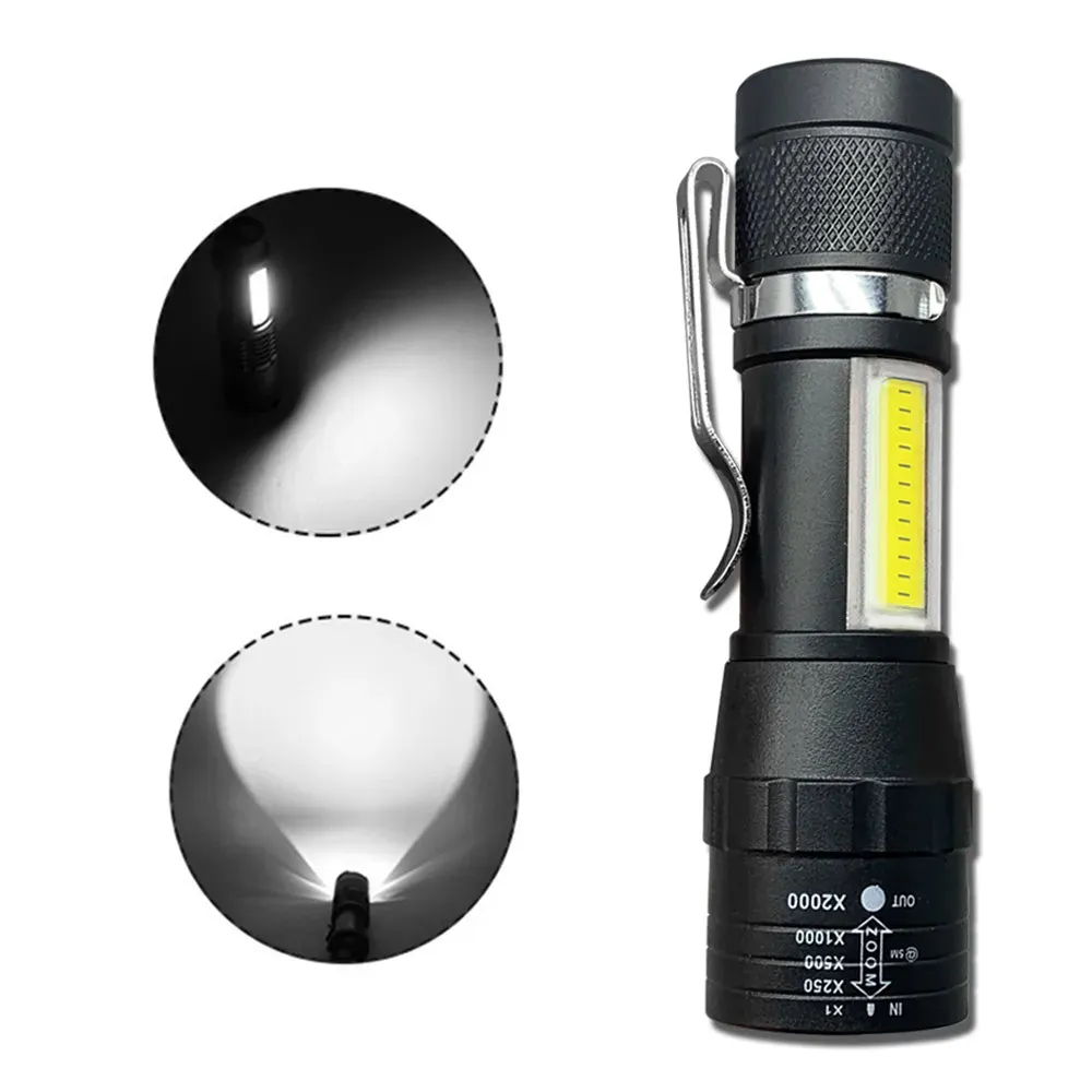 Portable Zoom LED Rechargeable Flashlight 3 Lighting Modes Camping Light Mini Torch Built In Battery Waterproof Long Range