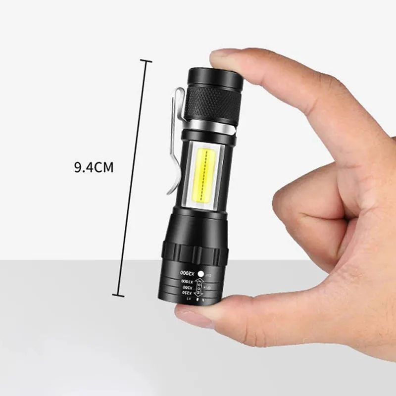 Portable Zoom LED Rechargeable Flashlight 3 Lighting Modes Camping Light Mini Torch Built In Battery Waterproof Long Range