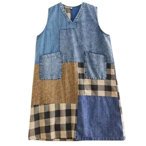 Pre Order:  Plaid Patchwork Washed Denim Dress