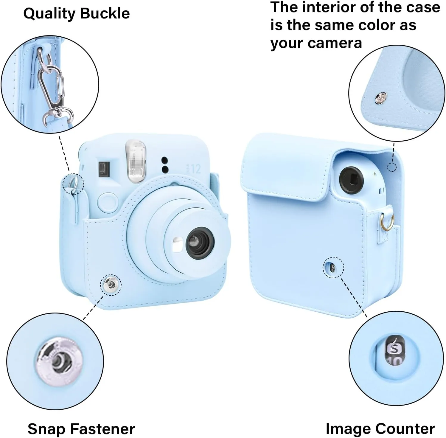 PU Leather Camera Case for Fujifilm Instax Mini 12 Instant Camera | Protective Camera Cover with Adjustable Shoulder Strap - Pastel Blue