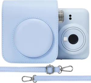 PU Leather Camera Case for Fujifilm Instax Mini 12 Instant Camera | Protective Camera Cover with Adjustable Shoulder Strap - Pastel Blue