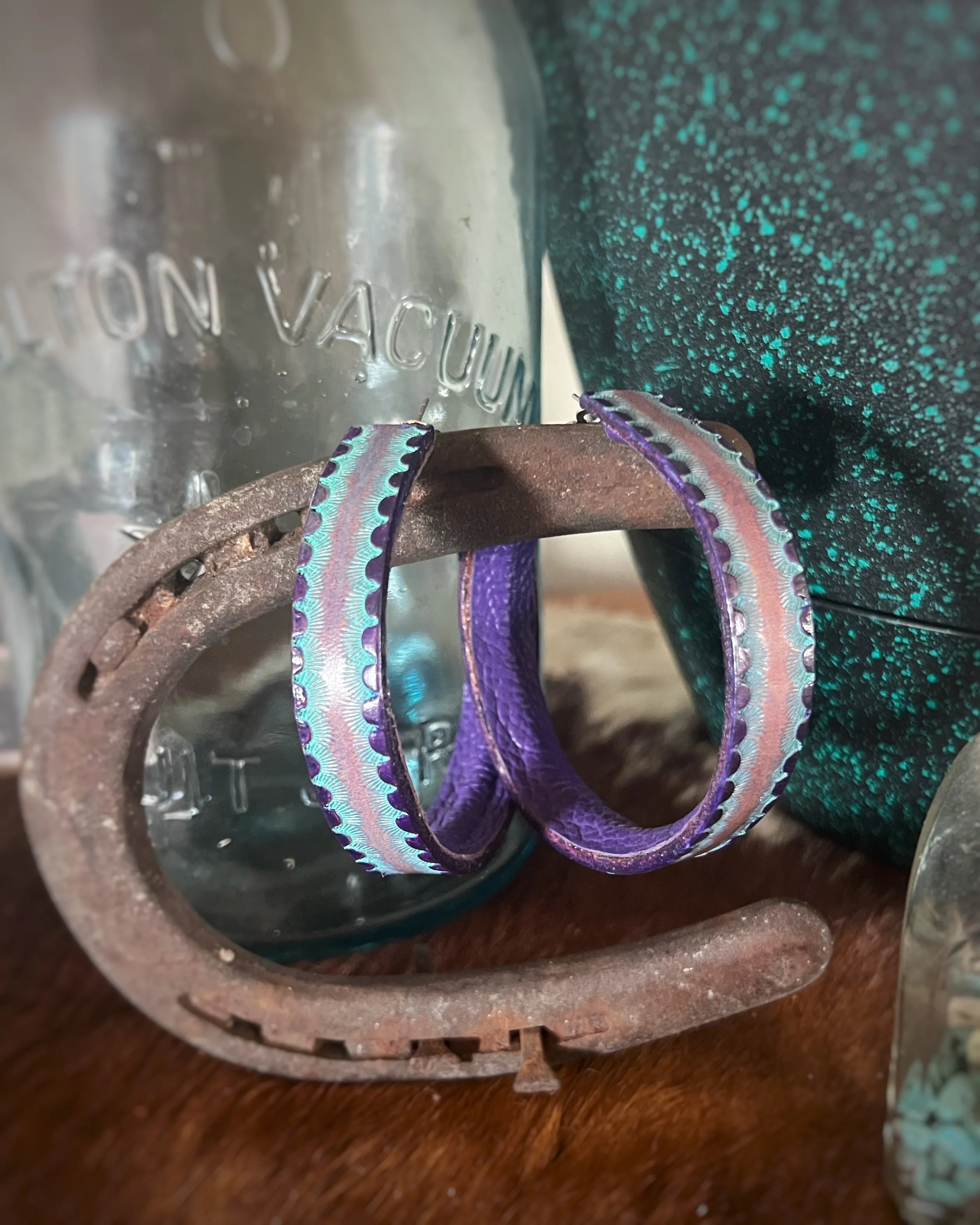 Purple and Turquoise Leather Hoops