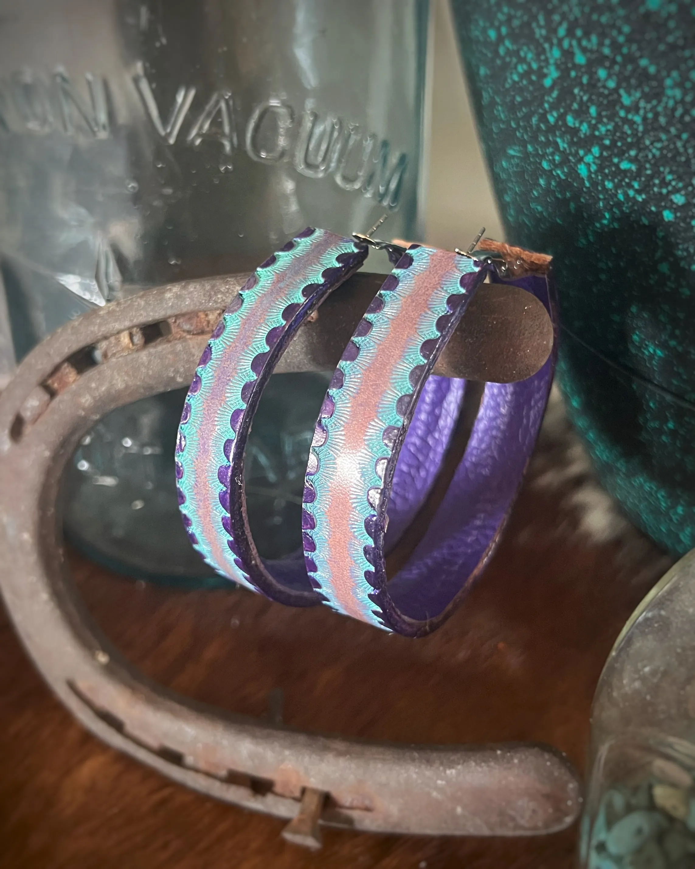 Purple and Turquoise Leather Hoops